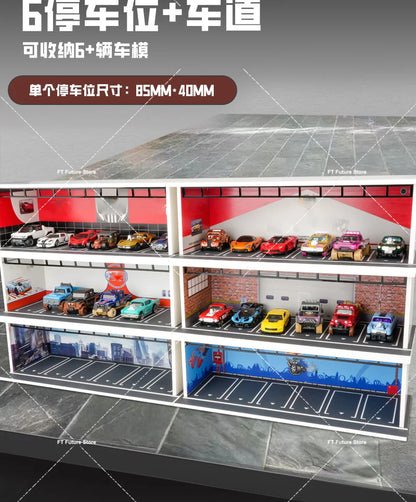 1:64 Scale Garage Scene Model with Lights – Assembled Parking Lot Diorama for Miniature Car Display