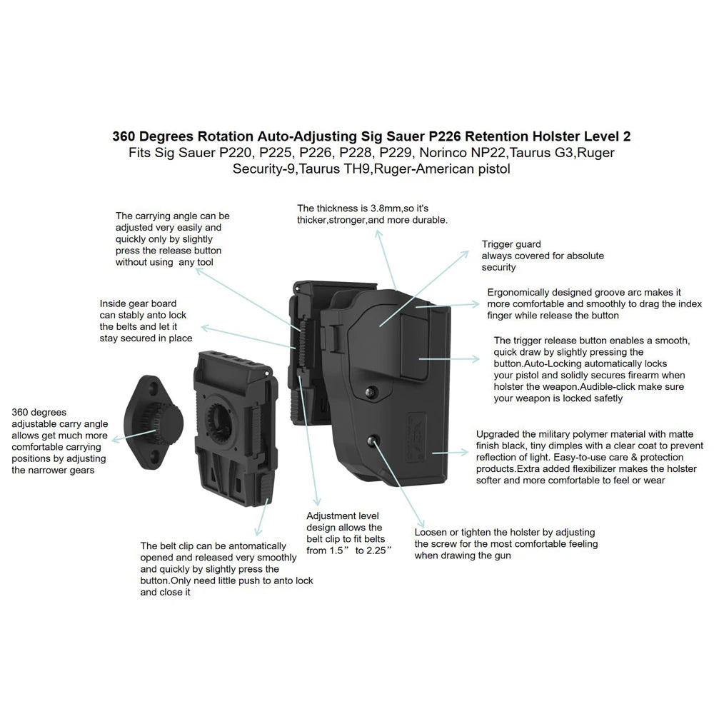 360° Rotating Tactical Holster - Universal Pistol Holder for Sig P320 SP2022 P226 Beretta PX4 Glock 17 19 23