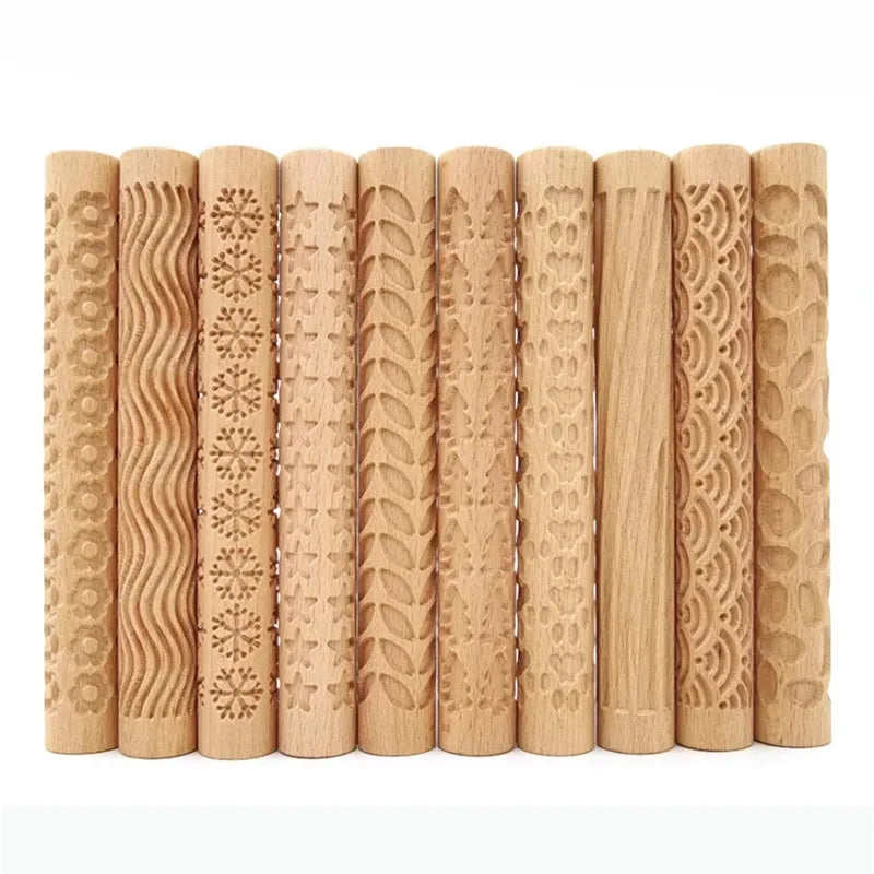 Wooden Texture Rolling Pin - Ceramic Pottery Art Embossed Flower Pattern Mud Roll Reliefs - DIY Clay Craft Tool