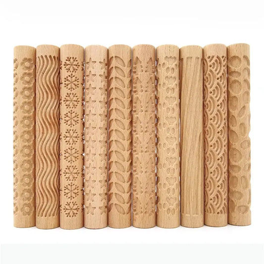Wooden Texture Rolling Pin - Ceramic Pottery Art Embossed Flower Pattern Mud Roll Reliefs - DIY Clay Craft Tool