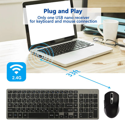 Wireless Keyboard and Mouse Combo – Rechargeable Slim Set with Russian, Hebrew, Korean, English Keycaps & Silent Mouse