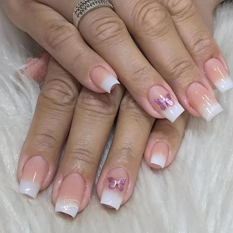 24Pcs Square Press On Nails - Nude White Gradient French False Nail Tips with Full Cover Short Design