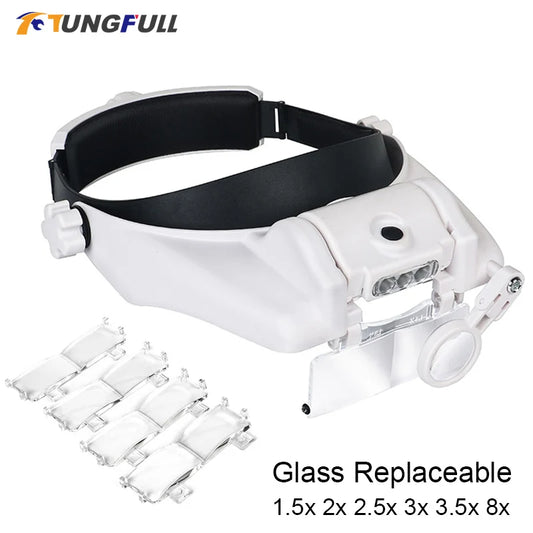 LED Headband Magnifier – Hands-Free Glasses with 1.5x–8x Lenses for Jewelry, Watch & Electronic Repair
