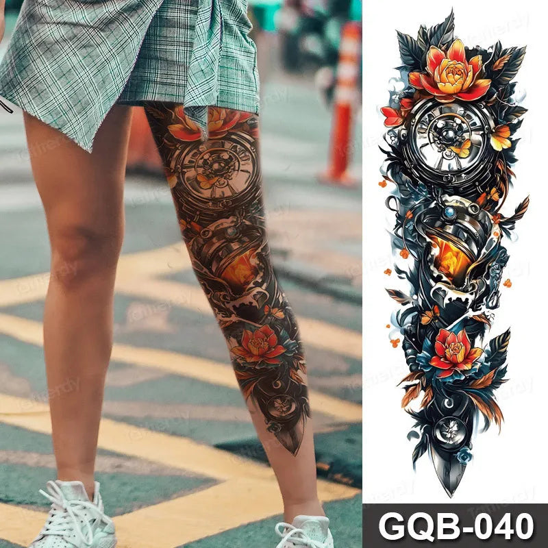 Full Arm Dragon Skull Tattoo Sleeve - Waterproof Temporary Body Art Sticker with Clock Compass Flower Design for Men & Women