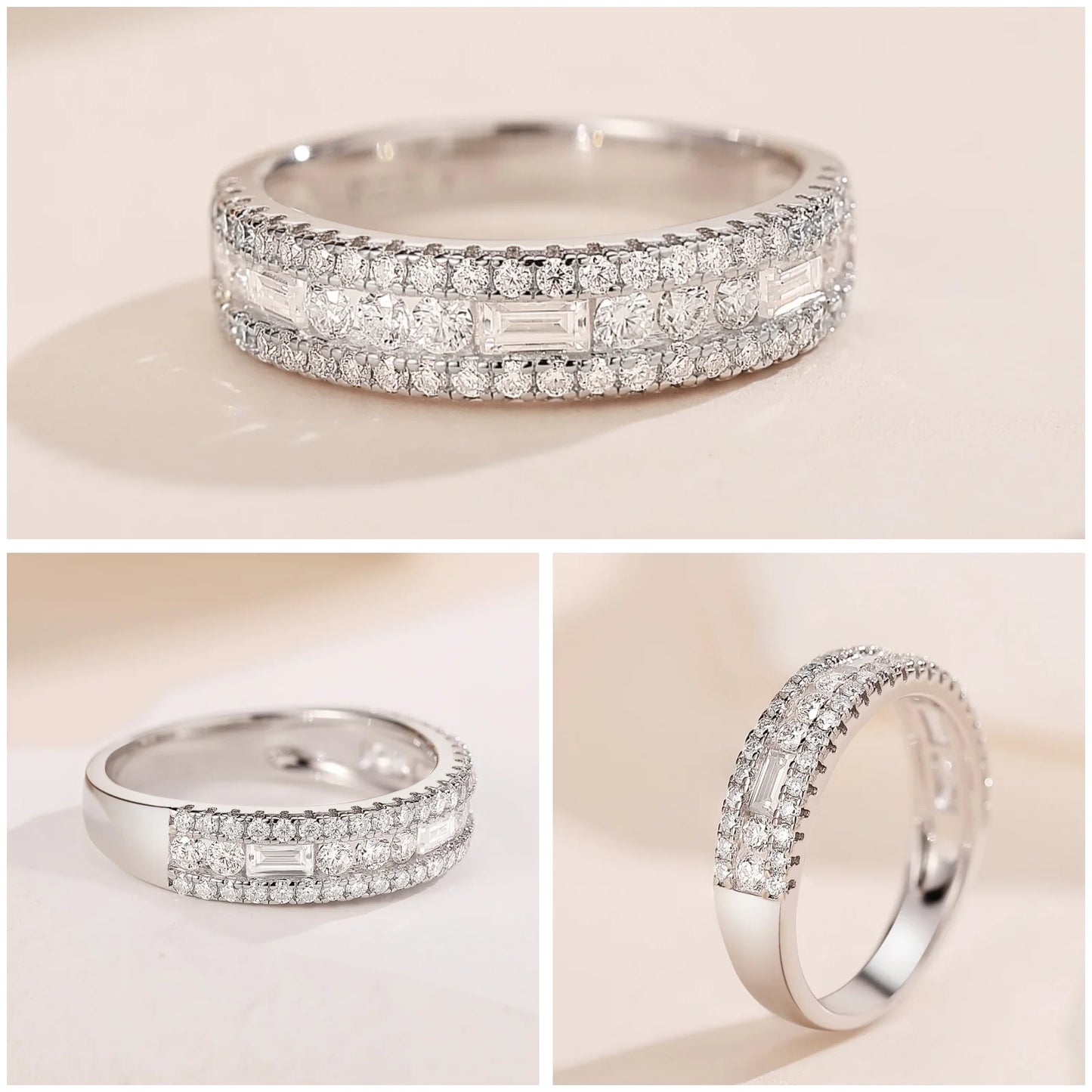 Newshe Moissanite Wedding Band for Women — Wide 925 Sterling Silver Promise & Engagement Ring with Round or Emerald Cut Simulated Diamond