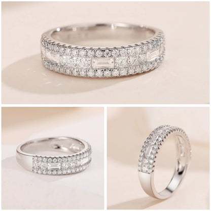 Newshe Moissanite Wedding Band for Women — Wide 925 Sterling Silver Promise & Engagement Ring with Round or Emerald Cut Simulated Diamond