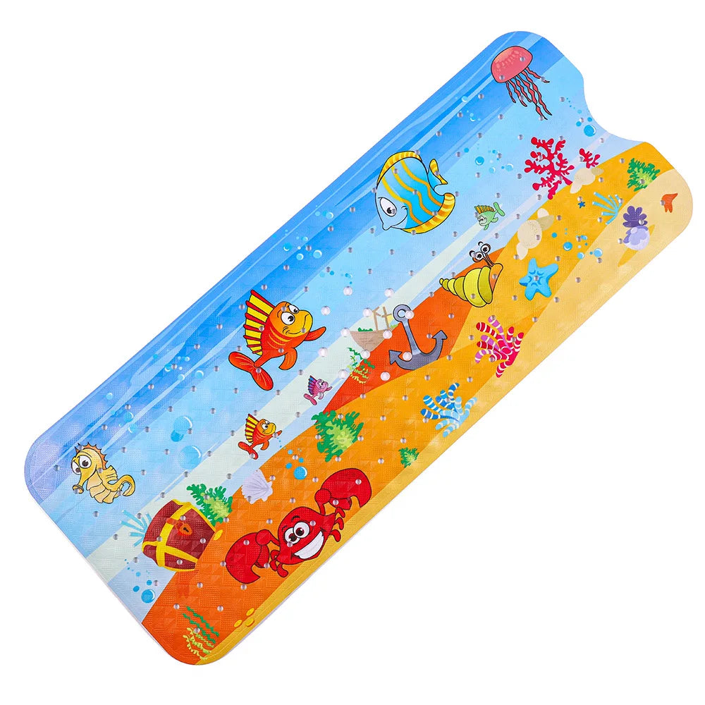 40x100cm Cartoon Sea World Anti-Skid Bath Mat – Soft Non-Slip Shower Mat with Suction Cups for Kids & Elderly