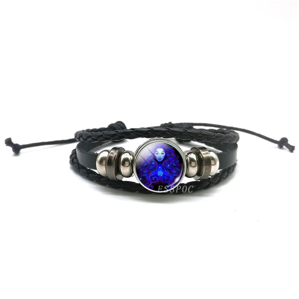 Men’s Zodiac Sign Leather Bracelet | 12 Constellation Black Braided Wrap | Punk Style Multilayer Bracelet for Birthday Gifts