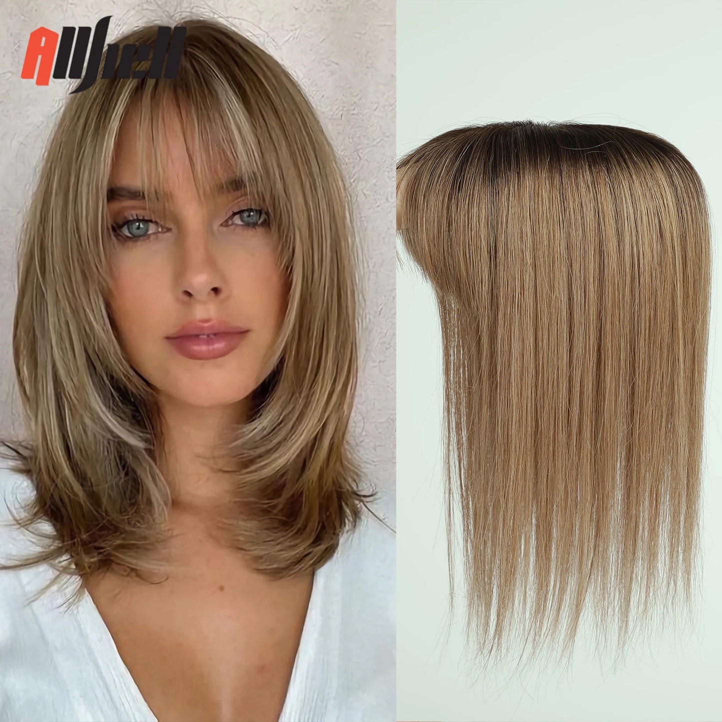 Brown Blonde Ombre Human Hair Toppers for Women – 10/12/14 Inches with Silk Base, Clips, and Bangs