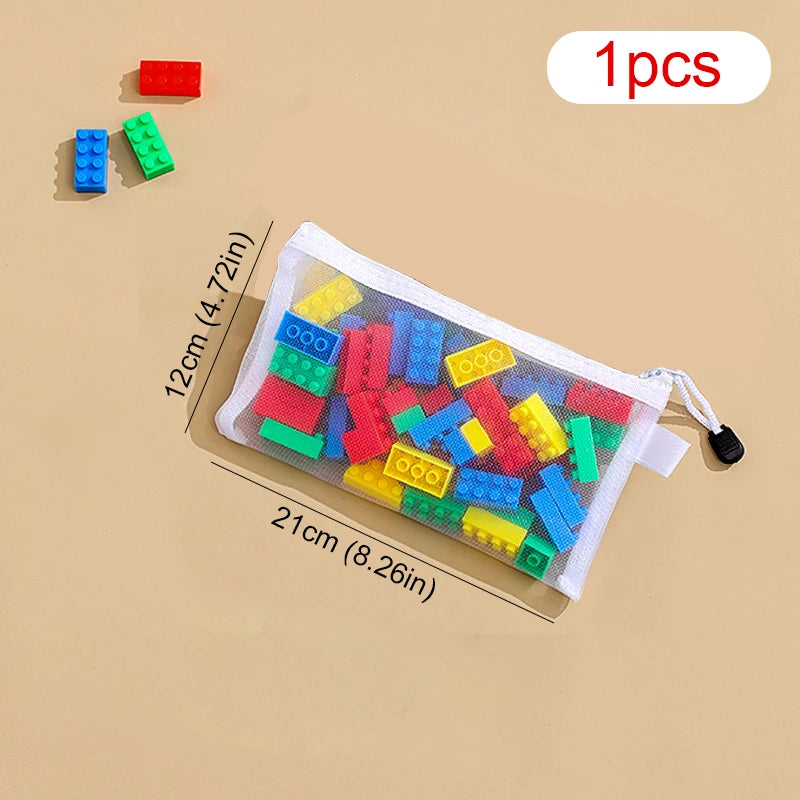 Children’s Puzzle & Building Block Storage Bag – Transparent Mesh Zipper Organizer for Toys, Cosmetics & Household Items