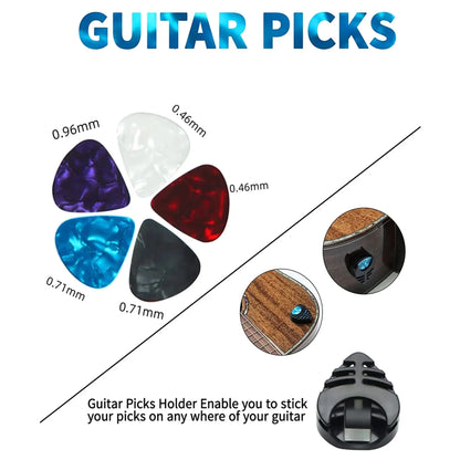 10pcs Guitar Strap Set - Fits Electric, Bass & Acoustic Guitars, Includes 5 Picks, 1 Holder & 2 Washers, Gift for Guitarists
