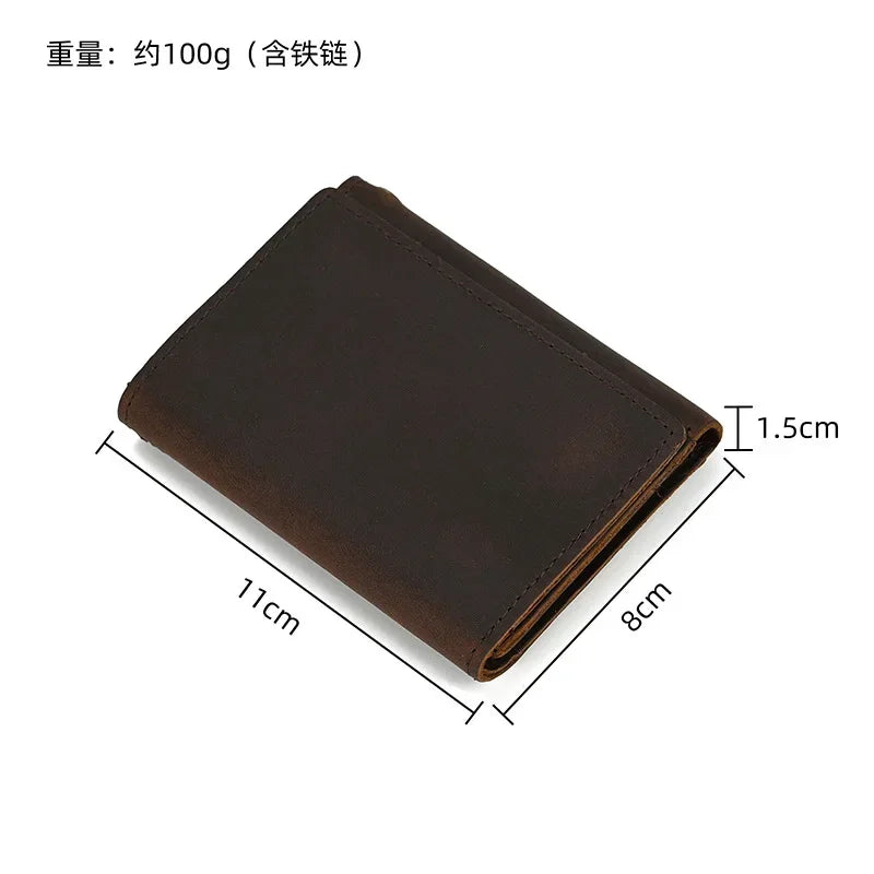 Men’s Genuine Leather Short Wallet with Chain – Trifold Zipper Clutch, Card Holder & Coin Purse