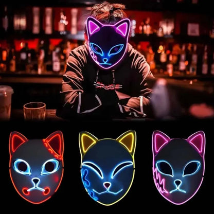 Demon Slayer LED Light-Up Mask – Glowing Anime Cat & Fox Face Cosplay Mask for Halloween, Parties & Costumes