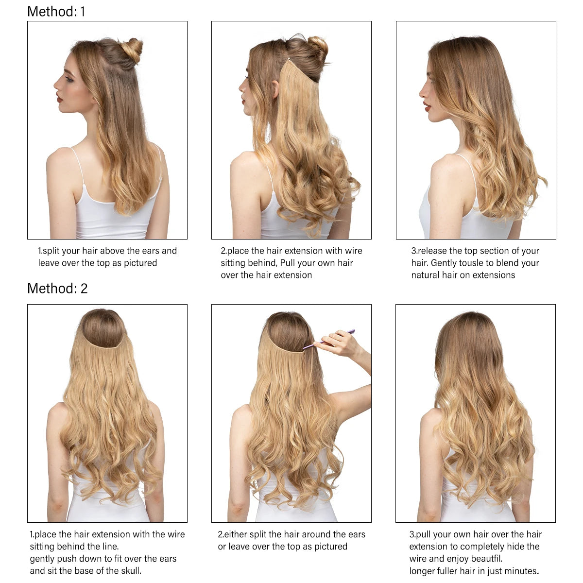 Synthetic Ombre Hair Extension - One Piece Invisible Wire Long Wavy Clipless False Hairpiece Black Blonde Pink