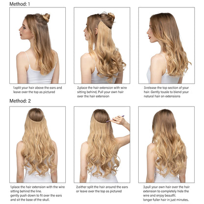 Synthetic Ombre Hair Extension - One Piece Invisible Wire Long Wavy Clipless False Hairpiece Black Blonde Pink
