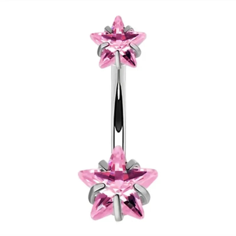 Pink Crown Belly Button Ring – Stainless Steel Heart Navel Piercing Barbell with Crystal for Women & Girls