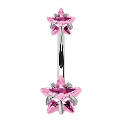 Pink Crown Belly Button Ring – Stainless Steel Heart Navel Piercing Barbell with Crystal for Women & Girls