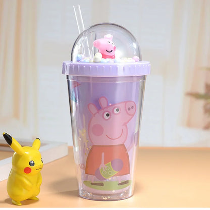 450ML Peppa Pig Plastic Water Bottle – Double-Layer Tumbler with Straw, George Pig Design, Gift for Girls