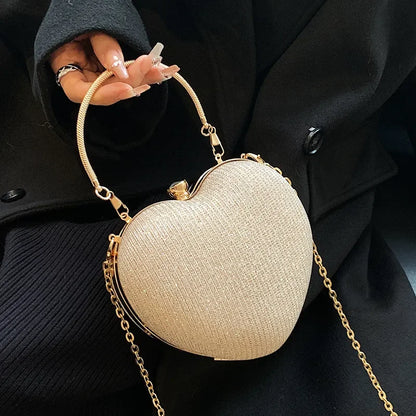 Shiny Heart Shape Metal Evening Clutch Bag - Fashion Chain Shoulder Crossbody Bag for Women, Luxury Lady Purse