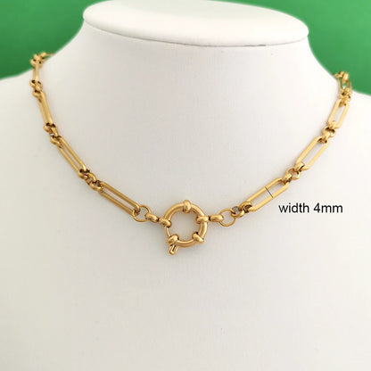 Spring Sailor Clasp Necklace – Stainless Steel Paperclip Link Chain Choker for Women & Men, Geometric PVD Gold Jewelry