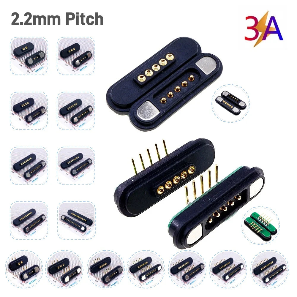 3A Magnetic Pogo Pin Connector - 2–11 Pin Spring-Loaded Male/Female Contact Strip, 2.2mm Pitch