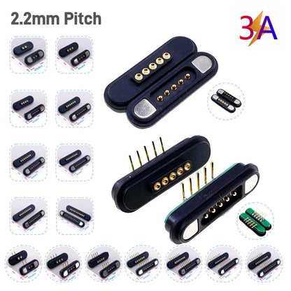 3A Magnetic Pogo Pin Connector - 2–11 Pin Spring-Loaded Male/Female Contact Strip, 2.2mm Pitch