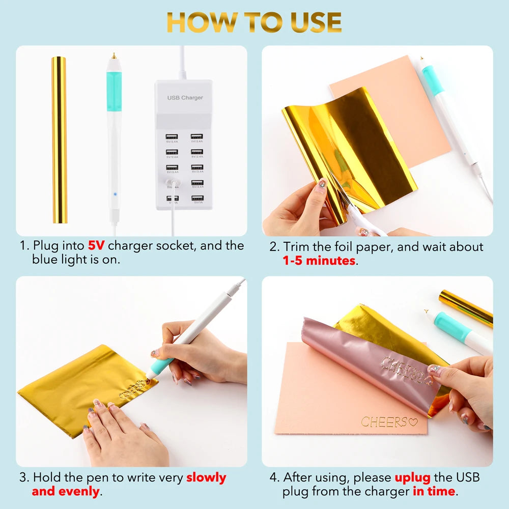 USB Hot Foil Pen Set – 0.8mm Heat-Active Gold Foil Pen for Paper, Leather, DIY Scrapbooking & Cards