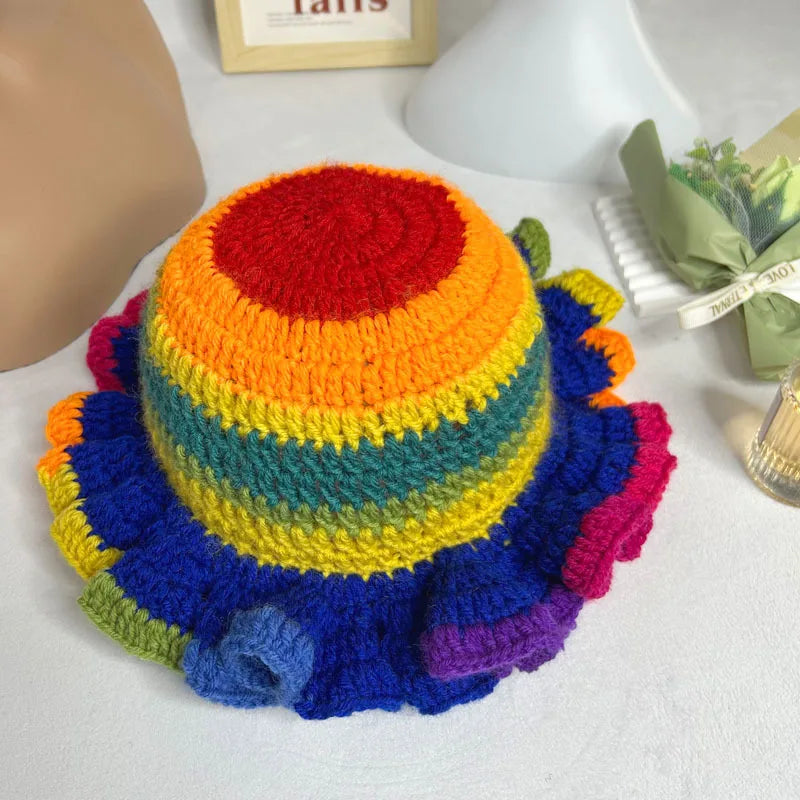 Handmade Crochet Conical Bucket Hat – Ruffled Brim Fisherman Hat for Women, Stylish Sun Protection Cap