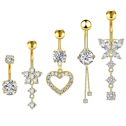 5PCS Belly Button Ring Set – 14G Curved Navel Piercing with Butterfly & Heart Charms, Body Jewelry for Women & Girls
