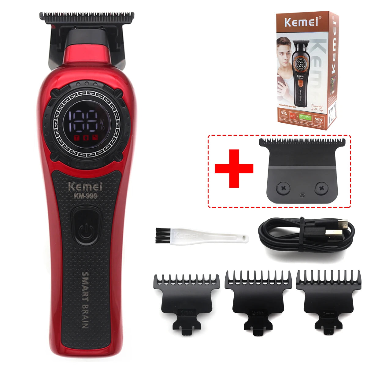 Kemei KM-999 Hair Trimmer for Men – DLC T-Blade, Zero Gapped, LED Display, Cordless USB Professional Hair Clipper