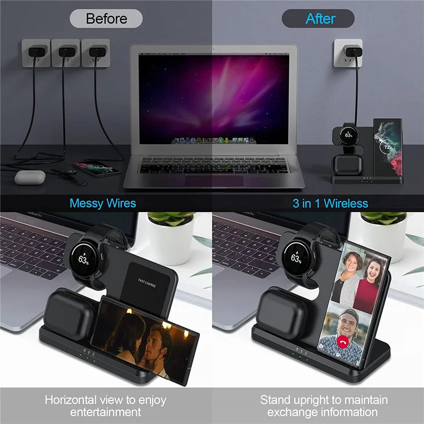 15W 3-In-1 Wireless Charger Stand: Fast Charging Dock Station for Samsung Z Fold 3, S21, S20, Galaxy Watch 5/4/3, Active 2, S3, S4, Buds