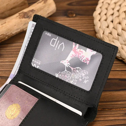 Men’s Genuine Leather Short Wallet with Chain – Trifold Zipper Clutch, Card Holder & Coin Purse