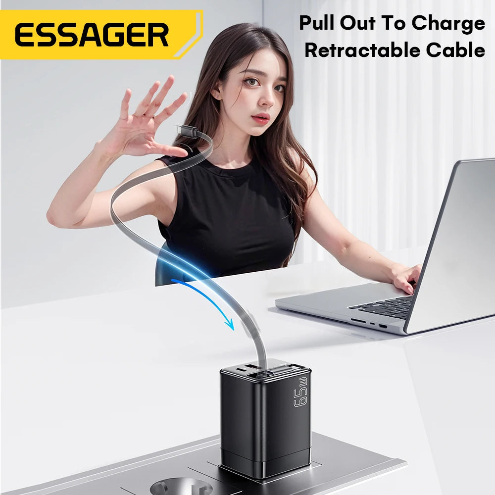 Essager 65W GaN Fast Charger – Retractable USB-C Cable PD Charging Adapter for Laptops, MacBook, iPhone 16/15/14, and Xiaomi Devices