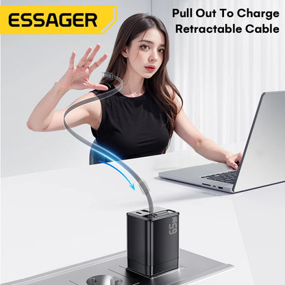 Essager 65W GaN Fast Charger – Retractable USB-C Cable PD Charging Adapter for Laptops, MacBook, iPhone 16/15/14, and Xiaomi Devices