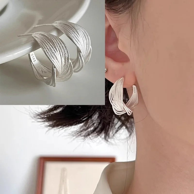 PANJBJ925 Sterling Silver Hoop Earrings - Frosted Geometric Design Fashion Jewelry Gift for Women