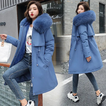 Women's Winter Hooded Parka - Long Padded Coat with Wool Lining & Fur Collar, 6XL