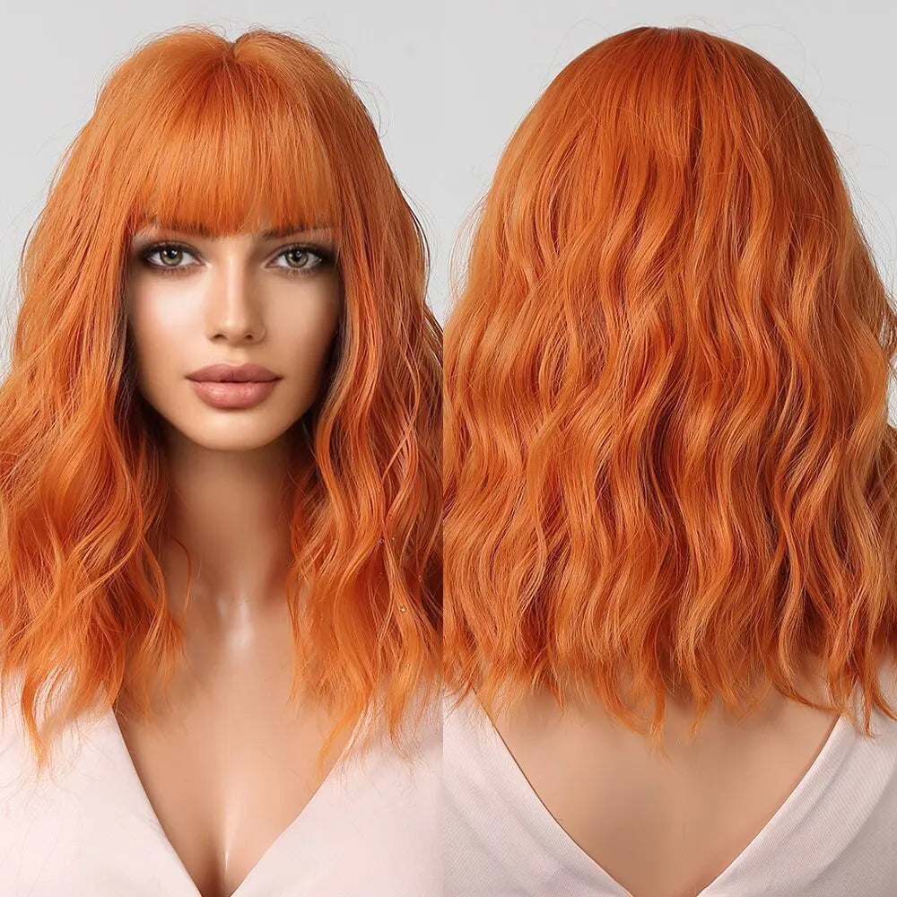 Women’s Grey Wavy Bob Wig with Bangs — Short Blonde Ombre Synthetic Hair with Dark Roots for Daily Wear