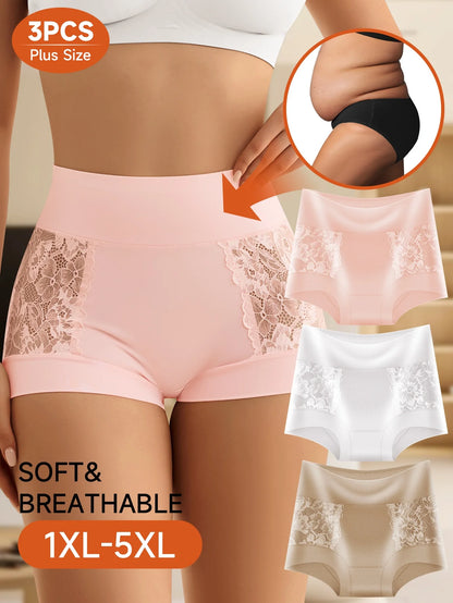 Women’s Plus Size Lace Panties 3-Pack - Breathable Floral Mesh Tummy Control Shaping Briefs for Everyday Comfort