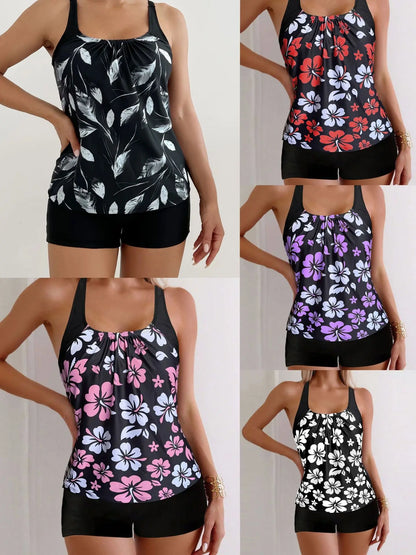 Women’s Floral Tankini Swim Set - Adjustable Strap Vest Top & Drawstring Shorts Bikini Beachwear for Summer