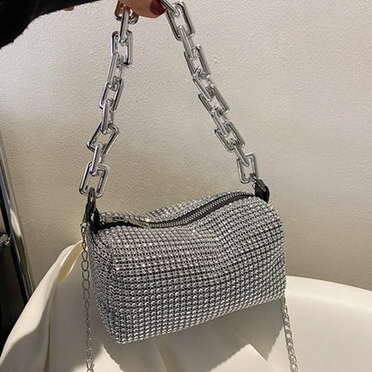 Allover Rhinestone Bucket Bag – Glitter Chain Prom Purse, Women's Mini Crossbody Bag (6.3 x 3.54 Inches)