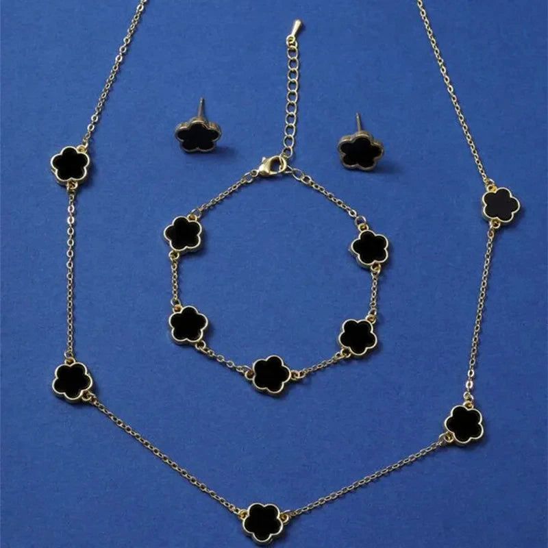 Lucky Five-Petal Flower & Clover Bracelet, Earrings, Necklace Set – Stylish Women's Party Jewelry Accessories