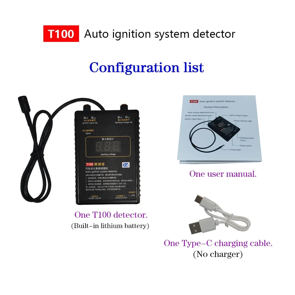 T100 Auto Ignition System Tester — 12V/24V Detector for Ignition Signal & Spark Voltage Testing