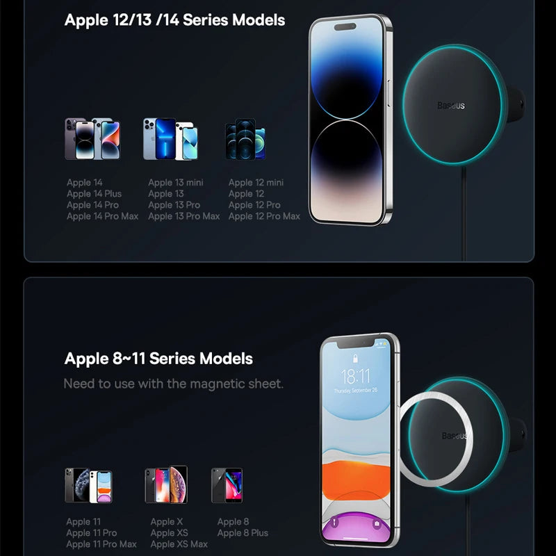 Baseus 15W Magnetic Wireless Car Charger – Fast Charging Phone Holder with Light Effect for iPhone 15/14/13 Pro Max