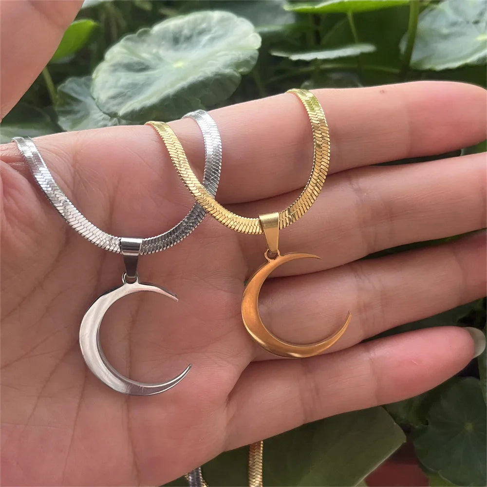 Stainless Steel Crescent Moon Pendant Necklace - Curved Horn-Inspired Flat Blade Snake Chain Jewelry for Women