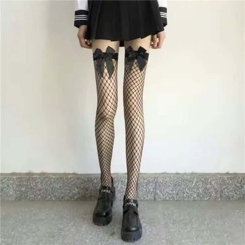 Women’s White Fishnet Knee-High Stockings – Pink Bow Tie, Large Mesh Hollow Out, Sexy Contrast Color Fashion Stockings
