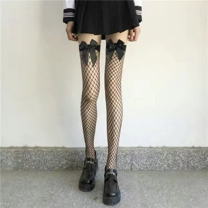 Women’s White Fishnet Knee-High Stockings – Pink Bow Tie, Large Mesh Hollow Out, Sexy Contrast Color Fashion Stockings