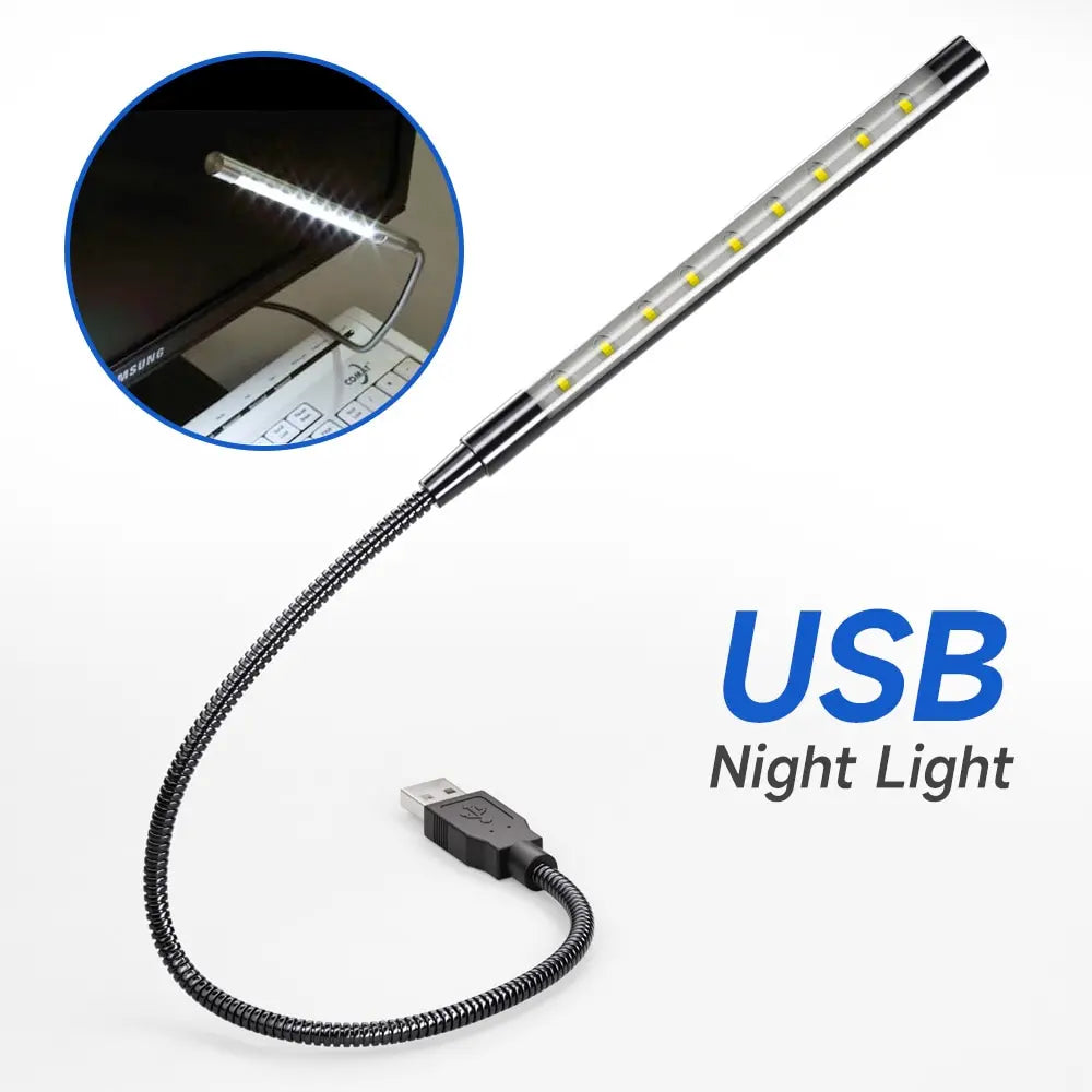 Flexible LED Night Light - Silver/Black Metal, USB Powered, 10 LED Book Reading Light for Laptops and Notebooks