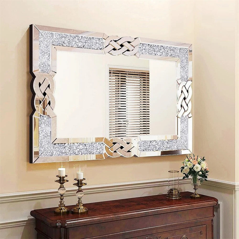 Large Crystal Diamond Wall Mirror – 90/100/120cm Silver Decorative Vanity Mirror for Bedroom, Hallway & Living Room