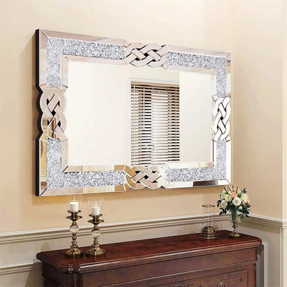 Large Crystal Diamond Wall Mirror – 90/100/120cm Silver Decorative Vanity Mirror for Bedroom, Hallway & Living Room