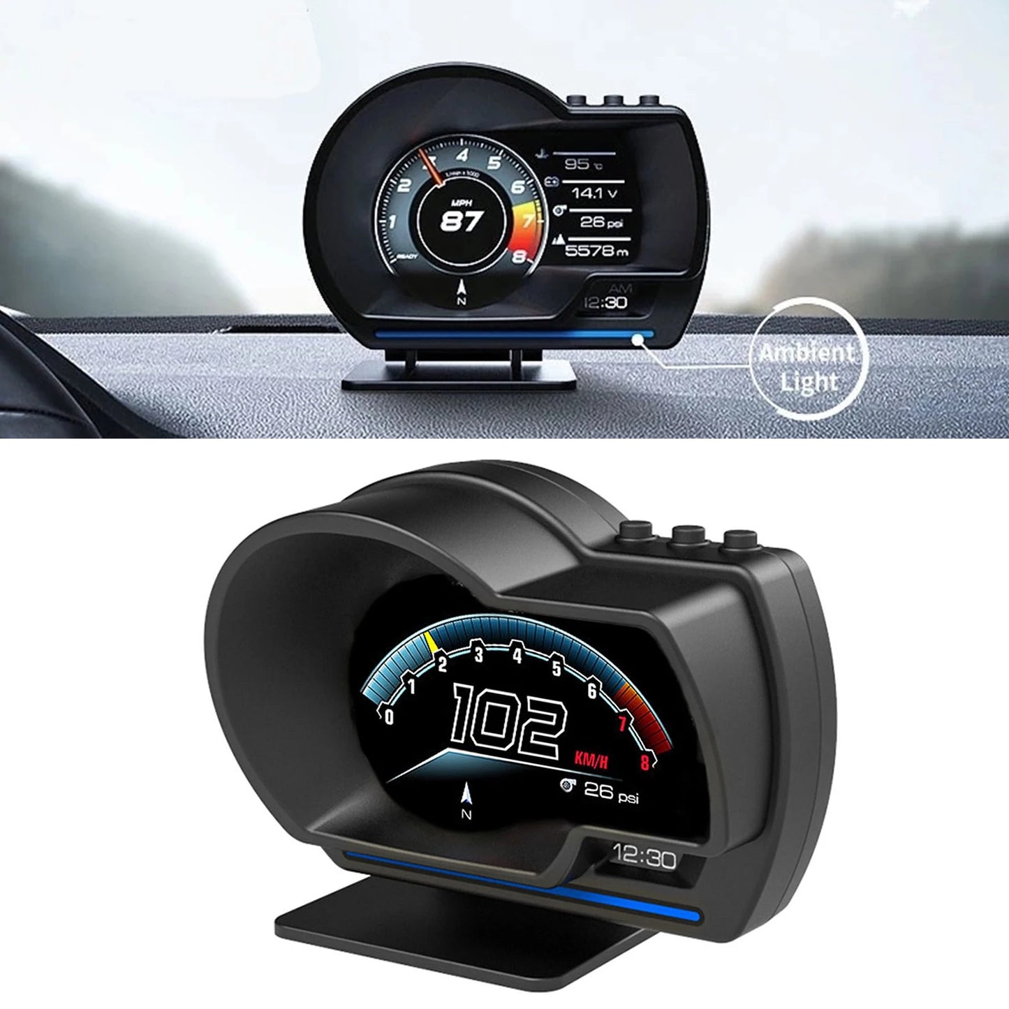 Smart Car HUD OBD2+GPS Gauge - Head-Up Display Speedometer with Turbo RPM Alarm for Cars and Trucks